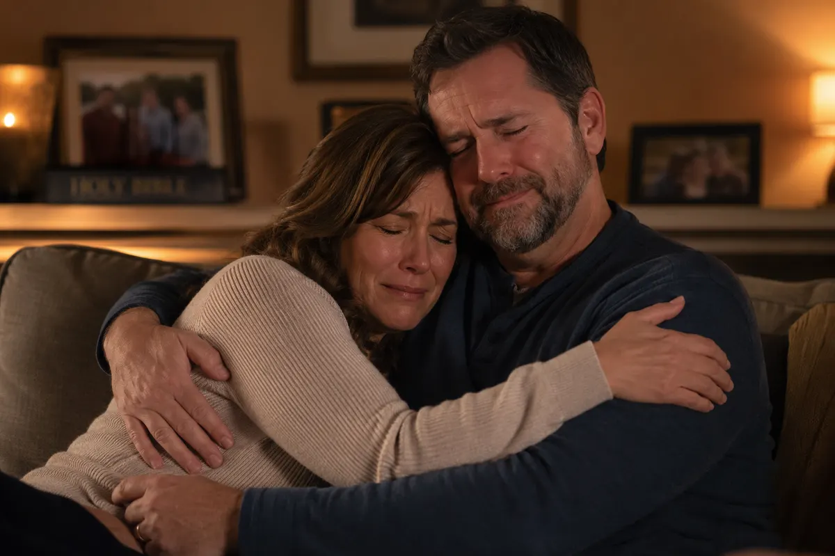 A husband and wife embracing on the couch, moved to tears